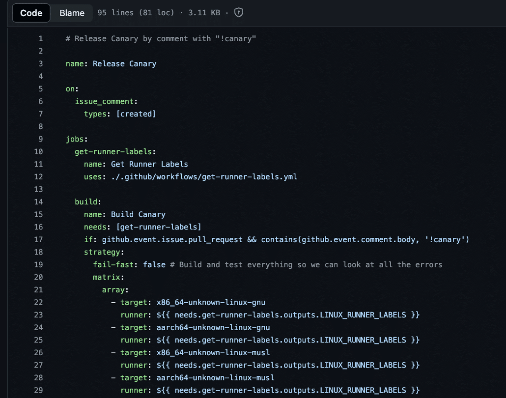 Figure 1: We observed that the “Release Canary” workflow was configured to run on issue comment and would execute if the issue comment contained the keyword “!canary”.