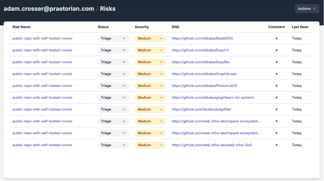 Figure 11: An example screenshot where we leveraged Chariot to enumerate public repositories with self-hosted runners configured across a variety of GitHub organizations.