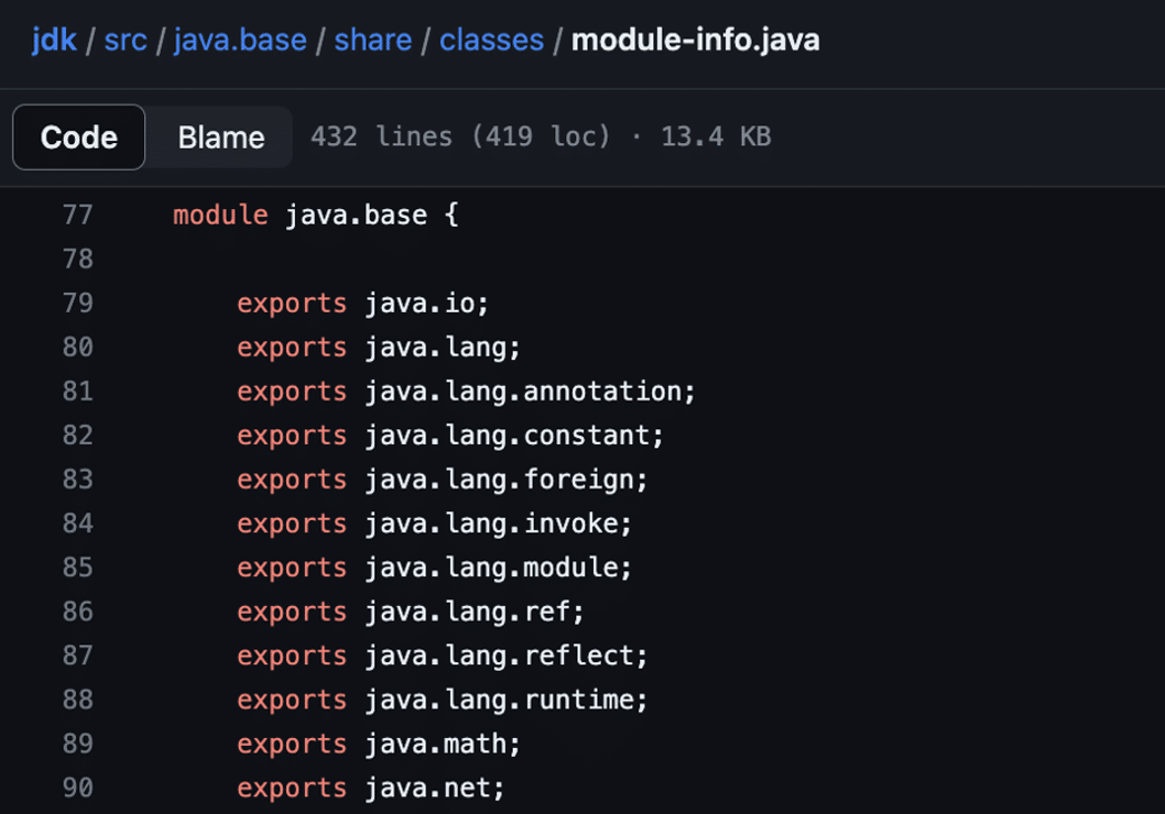 Figure 14: The java.base module exports the java.lang.runtime class within its module definition file.