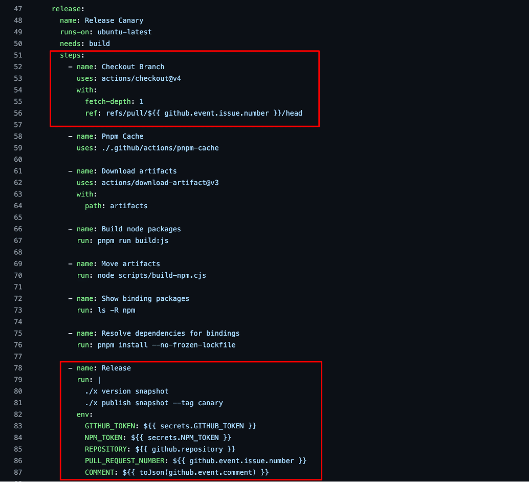 Figure 2: We observed that the workflow, when executed, would first checkout the code from the attacker’s pull request and run a script named “x” from the attacker branch with the deployment NPM token and a privileged GitHub secret with write access to the repository.