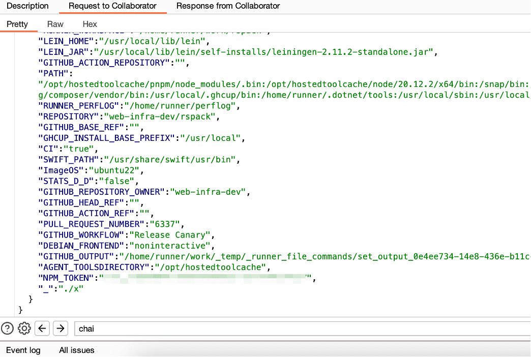 Figure 3: We successfully exfiltrated the NPM deployment token for Rspack by exploiting the Pwn Request vulnerability within the “Release Canary” workflow.