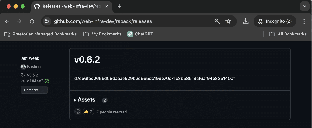 Figure 4: We demonstrated the ability to modify the releases section of the Rspack repository, but then promptly reverted the change to avoid alarming end-users of the software by modifying the release