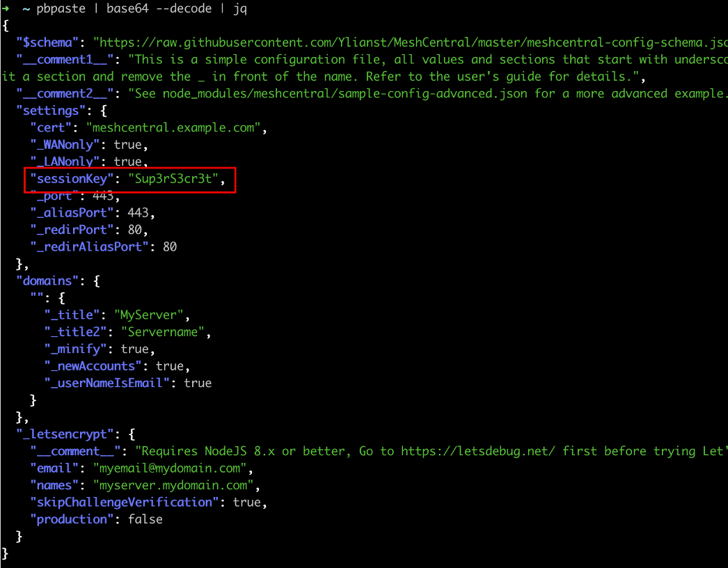 Figure 9: An attacker could leverage the cross-site websocket hijacking vulnerability to read the configuration file of the MeshCentral system as an administrator to obtain the key used to encrypt sessions (sesesionKey).