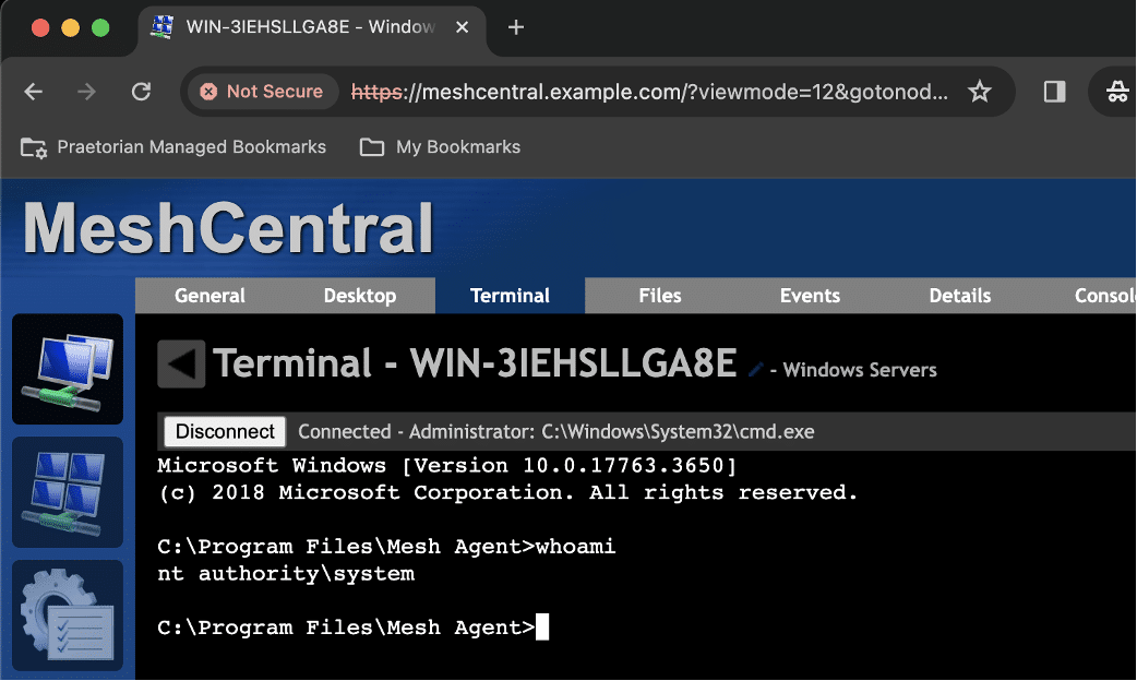 Figure 8: An attacker could leverage the login token created by the attacker to authenticate to MeshCentral and then leverage this access to compromise nodes managed by the impacted MeshCentral agent.