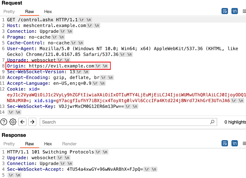 Figure 5: An example exploit leveraging a cross-origin websocket connection from a compromised subdomain to bypass SameSite security restrictions.