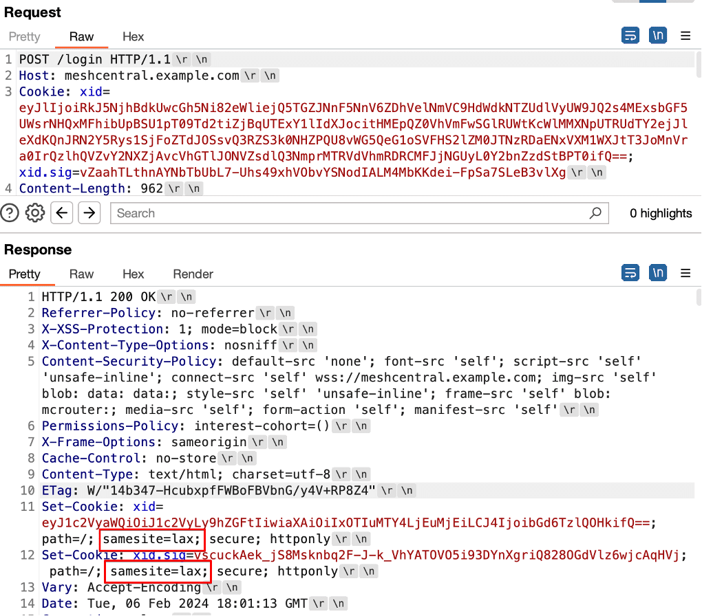 Figure 3: We observed that the session cookie returned after authentication included the SameSite=Lax security setting on the issued cookies.