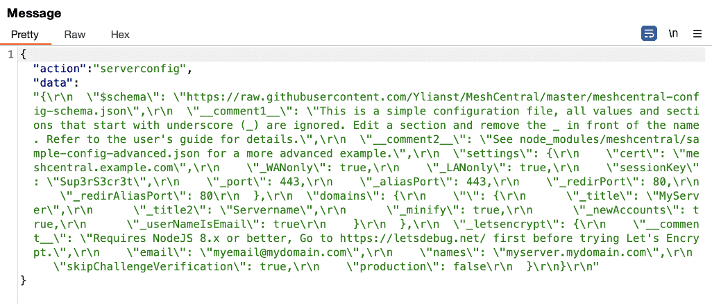 Figure 2: We observed the control.ashx endpoint was used for websocket communications used for performing management related tasks within MeshCentral.